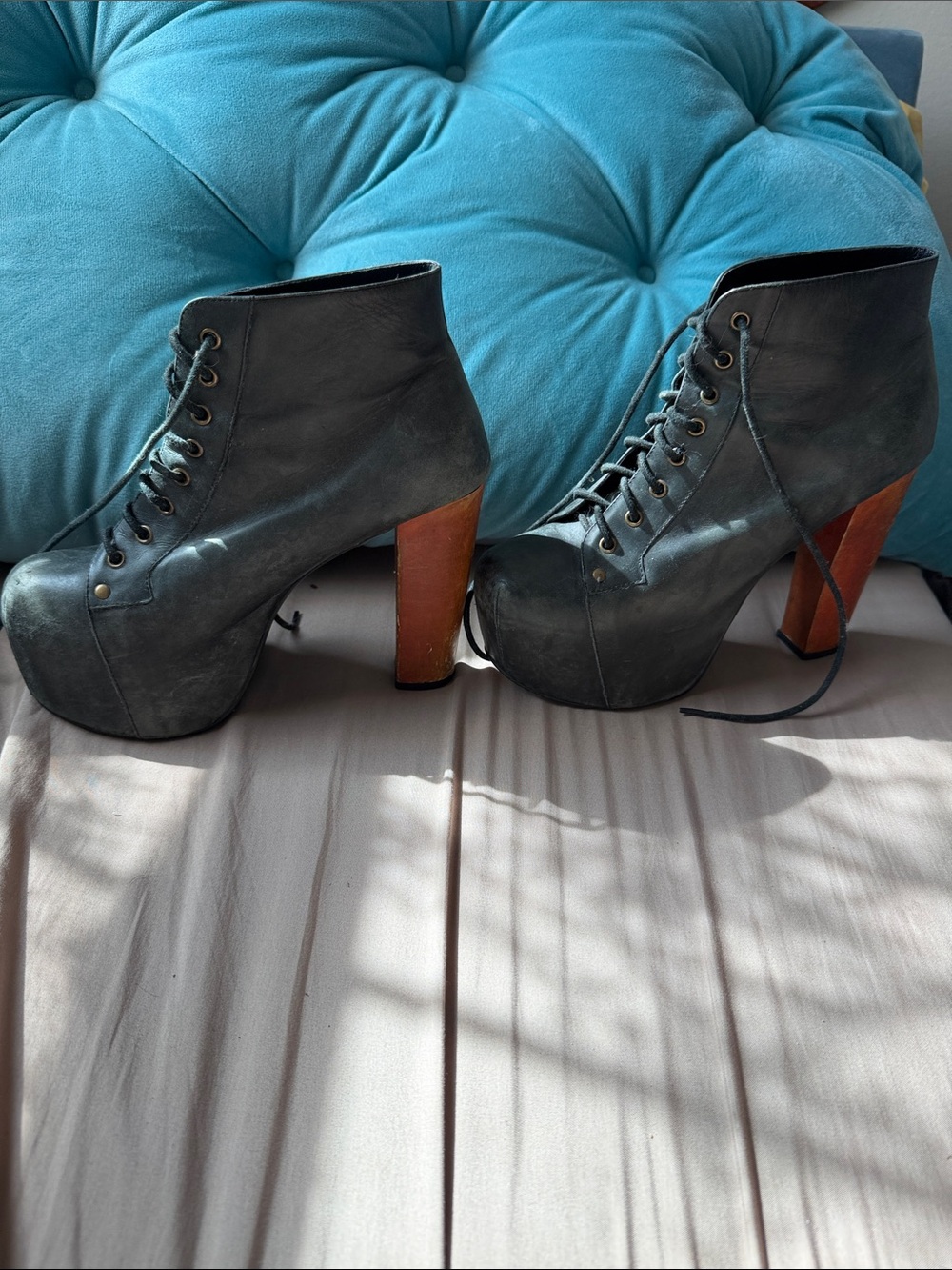 Jeffrey Campbell Black Lace-Up Platform Ankle Boots with Brown Block Heel